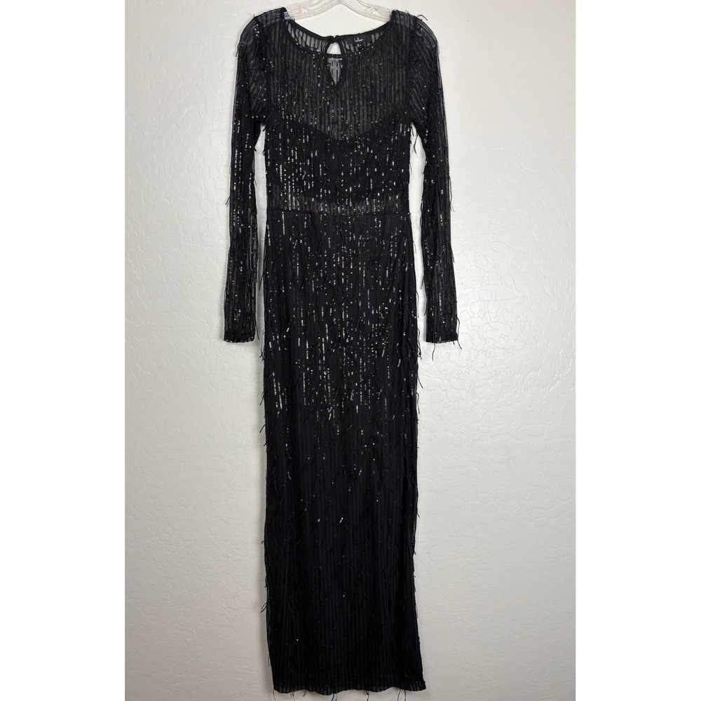 Lulus Sheer Fascination Black Sheer Mesh Sequin Fringe Maxi Dress Gown M 2686